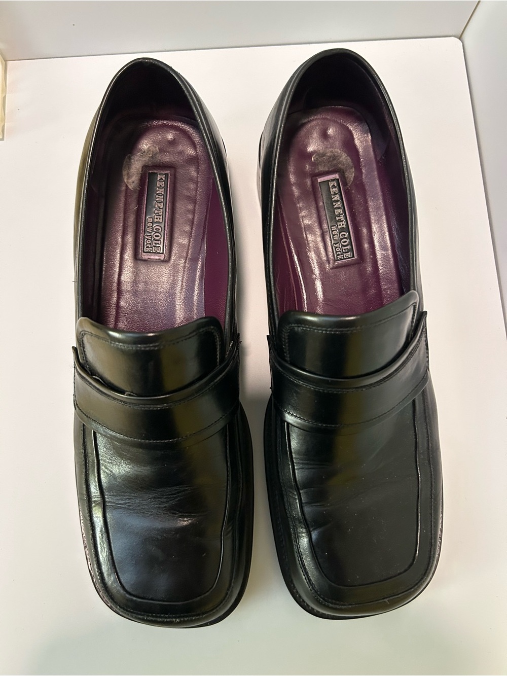Kenneth Cole Black Leather Penny Loafers with Purple Insoles